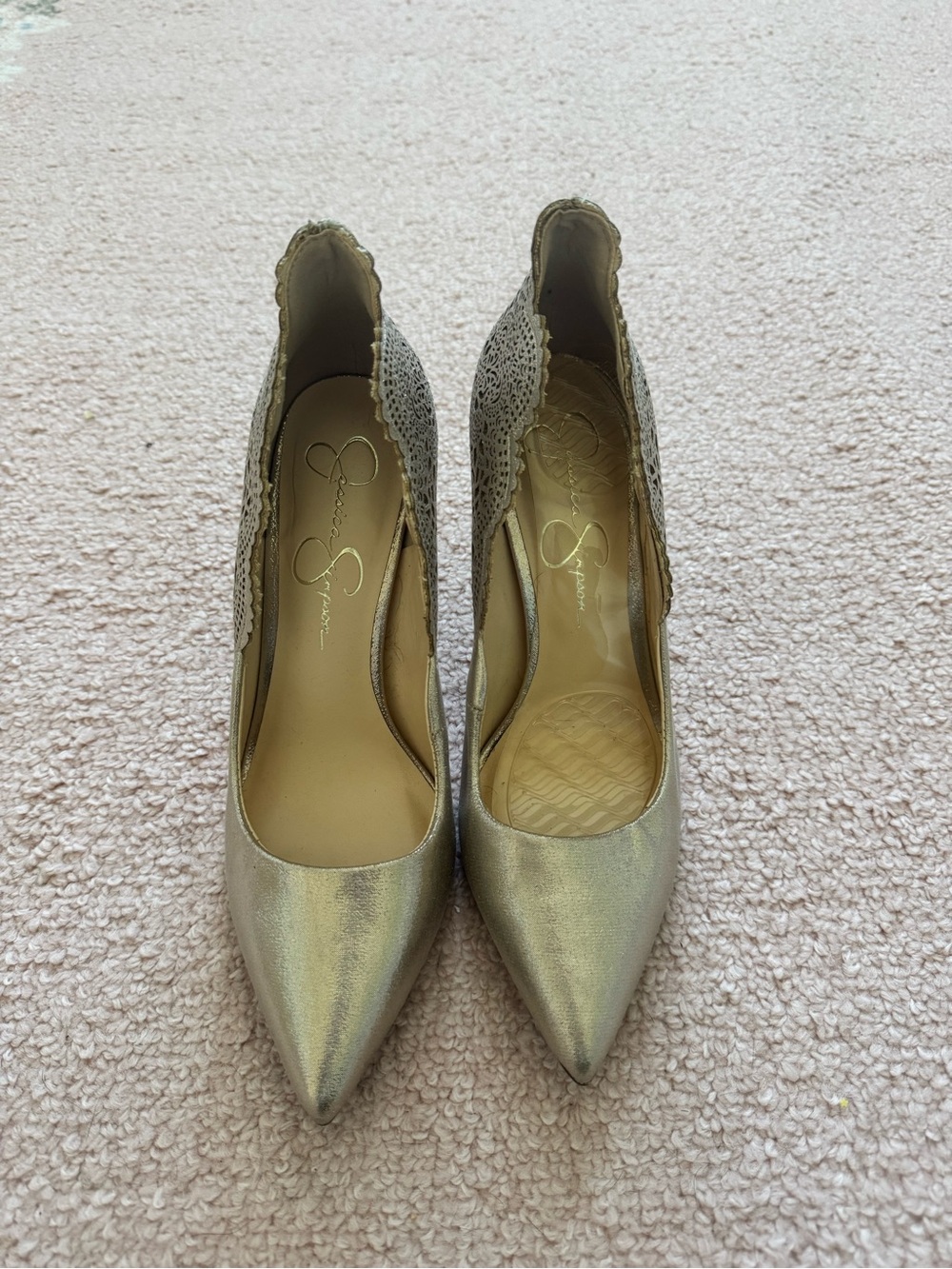 Jessica Simpson Shimmery Gold Pointed Toe Lace-Trim Pumps